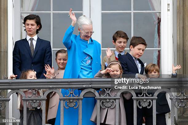 Queen Margrethe II of Denmark and her grandchildren Princess Josephine of Denmark, Princess Isabella of Denmark, Prince Vincent of Denmark, Prince...