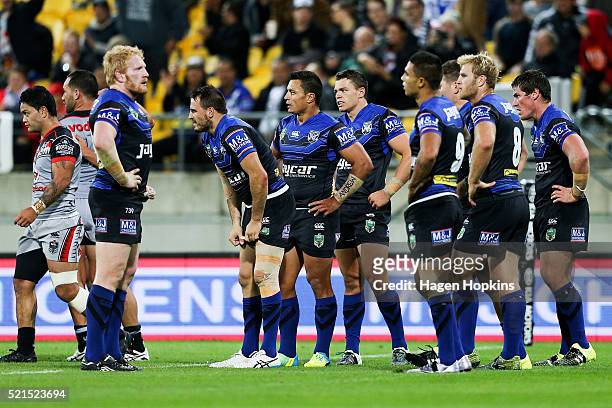 Bulldogs players look on in disappointment after a Warriors try during the round seven NRL match between the Canterbury Bulldogs and the New Zealand...