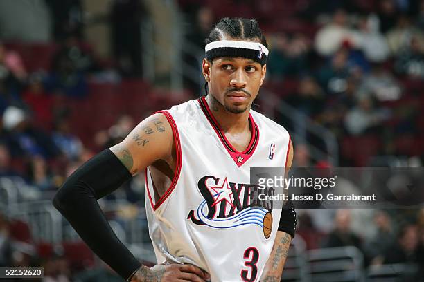 Allen Iverson of the Philadelphia 76ers is on the court during the game against the Miami Heat on January 24, 2005 at the Wachovia Center in...
