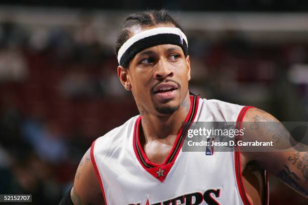 Allen Iverson of the Philadelphia 76ers is on the court during the game against the Miami Heat on January 24, 2005 at the Wachovia Center in...