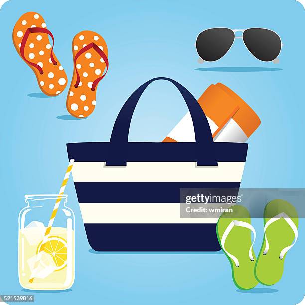 bildbanksillustrationer, clip art samt tecknat material och ikoner med summer tote beach essentials - strandväska