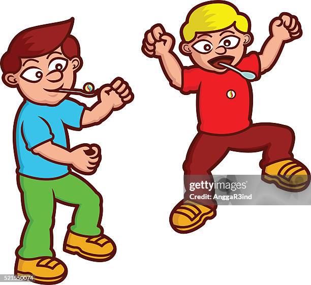 boys playing marble and spoon race - playing marbles stock illustrations