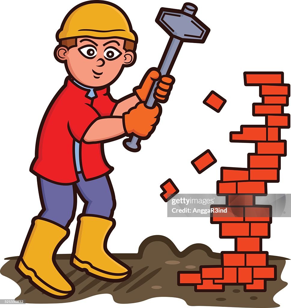 Man Tearing Down Bricks with Sledgehammer