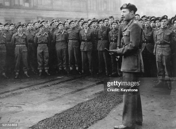 Lieutenant General Sir Frederick Browning gives a farewell address at Buckingham Palace, 6th December 1944, to men of the 1st Airborne Division after...