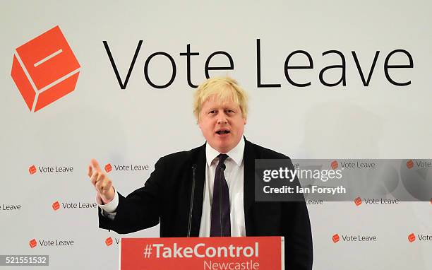 Mayor of London Boris Johnson delivers a speech at a 'Vote Leave' rally at the Centre for Life on April 16, 2016 in Newcastle upon Tyne, England....