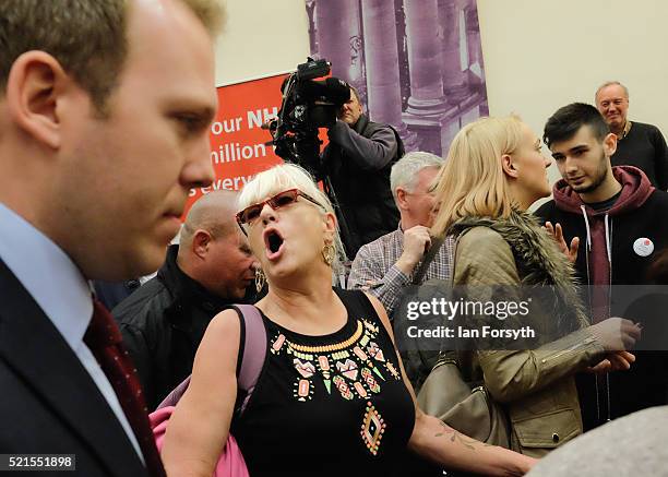 Woman heckles from the crowd as Boris Johnson delivers a speech at a 'Vote Leave' rally at the Centre for Life on April 16, 2016 in Newcastle upon...