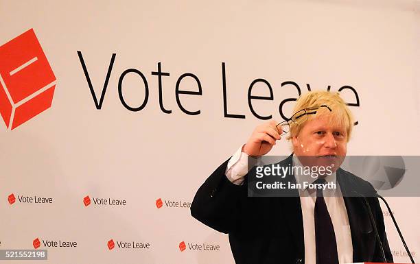 Mayor of London Boris Johnson delivers a speech at a 'Vote Leave' rally at the Centre for Life on April 16, 2016 in Newcastle upon Tyne, England....