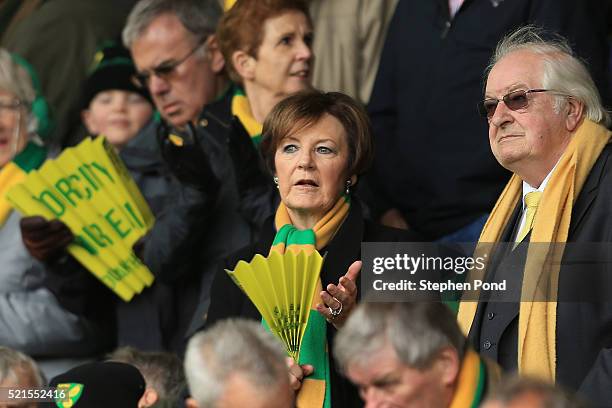 Delia Smith looks on during the Barclays Premier League match between Norwich City and Sunderland at Carrow Road on April 16, 2016 in Norwich,...