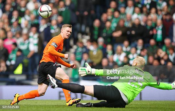 Billy McKay of Dundee United shoots at goal during the Scottish Cup Semi Final between Hibernian and Dundee United at Hampden Park on April 16, 2016...