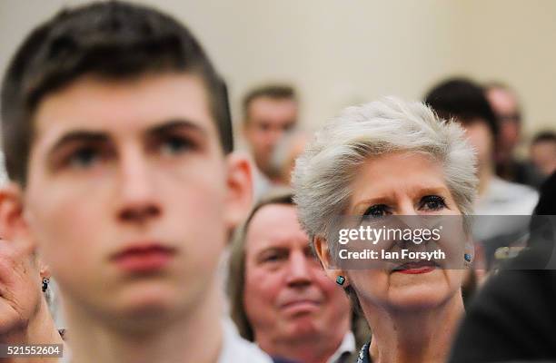 Supporters listen to Mayor of London Boris Johnson as he delivers a speech at a 'Vote Leave' rally at the Centre for Life on April 16, 2016 in...