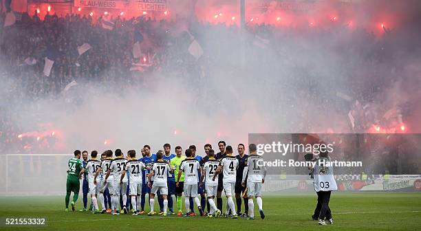 Supporters of Magdeburg with pyrotechnics prior to the Third League match between 1. FC Magdeburg and Dynamo Dresden at MDCC-Arena on April 16, 2016...