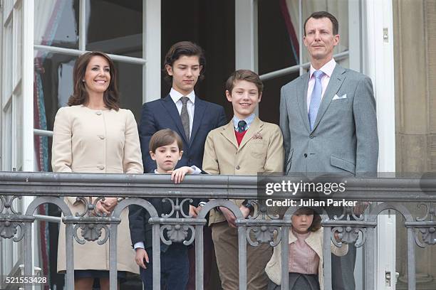 Princess Marie of Denmark, Prince Henrik, Prince Nikolai of Denmark, Prince Felix, Princess Athena,and Prince Joachim of Denmark attend Queen...