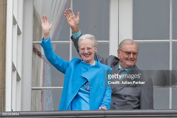 Queen Margrethe II of Denmark and Prince Henrik of Denmark attend Queen Margrethe's 76th Birthday Celebration at Amalienborg Palace on April 16, 2016...