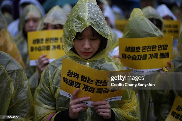 South Koreans attend the second anniversary of Sewol disaster on April 16, 2016 in Seoul, South Korea. On April 16 the Sewol ferry carrying 476...