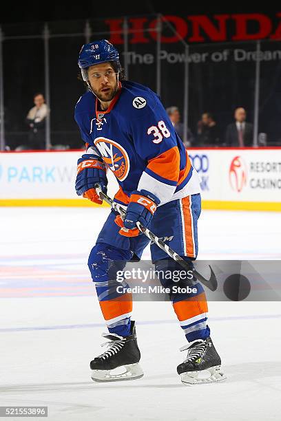 Bracken Kearns of the New York Islanders skates aganst the Buffalo Sabres at the Barclays Center on April 9, 2016 in Brooklyn borough of New York...