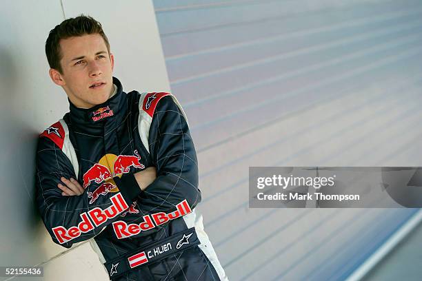 Christian Klien of Austria and Red Bull poses in the team garage during testing at Circuito de Jerez on February 8, 2005 in Jerez, Spain.