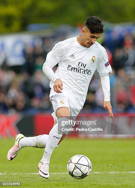 Cristian Cedres of Real Madrid in action during the UEFA Youth League semi final match between Real Madrid CF and Paris Saint Germain at Colovray on...