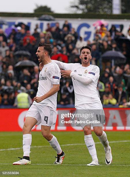 Borja Mayoral of Real Madrid celebrates after scoring with his teammate Jose Carlos Lazo during the UEFA Youth League semi final match between Real...