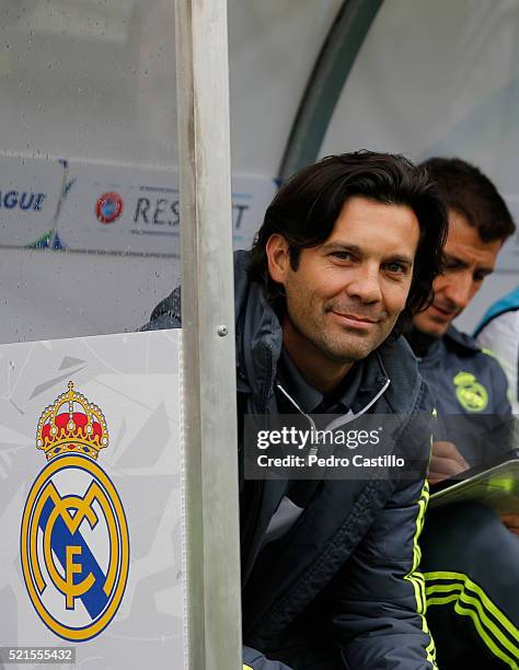 Real Madrid's Head coach Santiago Solari looks on before the UEFA Youth League semi final match between Real Madrid CF and Paris Saint Germain at...