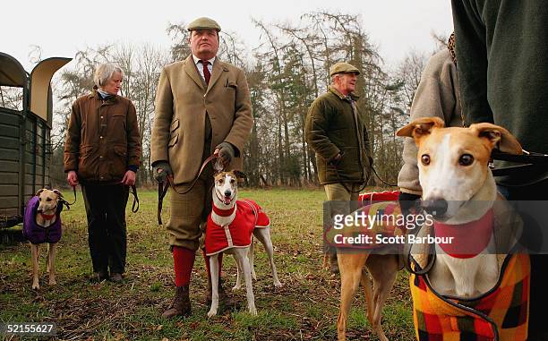 Owners wait with their dogs prior to a course, during the Swaffham Coursing Club Meeting on February 8, 2005 in Swaffham, England. The Countryside...