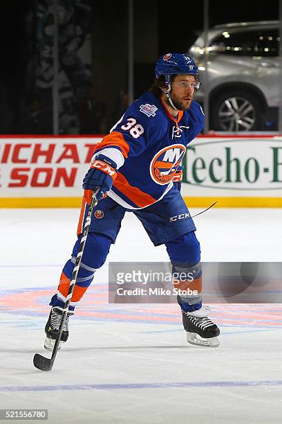 Bracken Kearns of the New York Islanders skates against the Philadelphia Flyers at the Barclays Center on April 10, 2016 in Brooklyn borough of New...