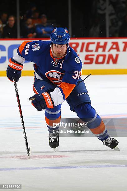 Eric Boulton of the New York Islanders skates against the Philadelphia Flyers at the Barclays Center on April 10, 2016 in Brooklyn borough of New...