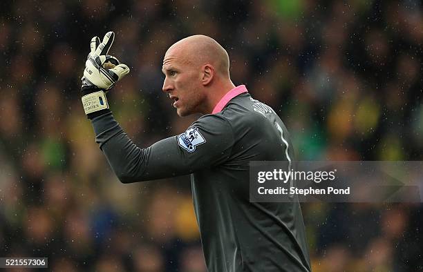 John Ruddy of Norwich City gives instructions during the Barclays Premier League match between Norwich City and Sunderland at Carrow Road on April...