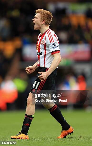 Duncan Watmore of Sunderland celebrates scoring his team's third goal during the Barclays Premier League match between Norwich City and Sunderland at...