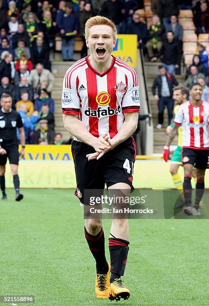 Duncan Watmore of Sunderland celebrates scoring the third goal during the Barclays Premier League match between Norwich City and Sunderland at Carrow...