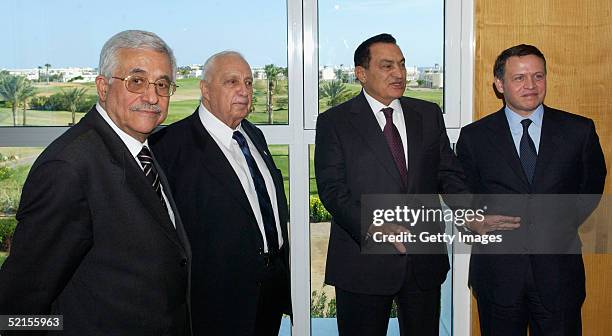 Palestinian President Mahmoud Abbas, Israeli Prime Minister Ariel Sharon, Egyptian President Hosni Mubarak and Jordan's King Abdullah at the start of...