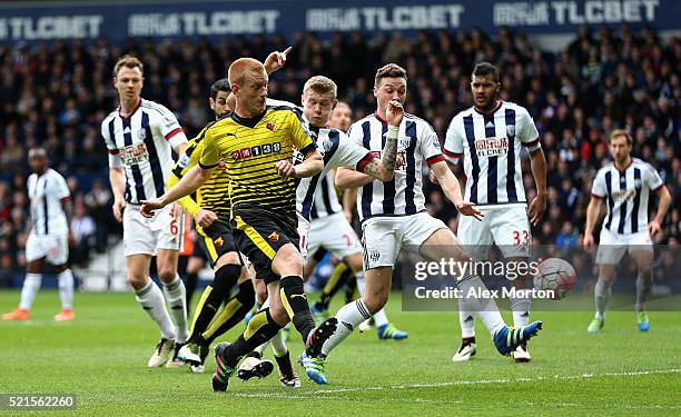 Ben Watson of Watford scores the opening goal during the Barclays Premier League match between West Bromwich Albion and Watford at The Hawthorns on...