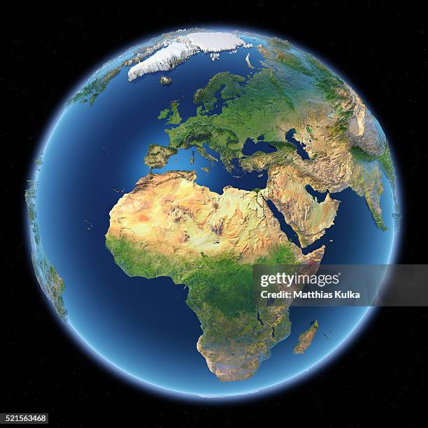 full earth view with topographical superelevation. europe, africa - africa maps photos et images de collection