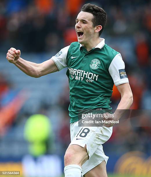 John McGinn of Hibernian celebrates scoring a penalty during the penalty shoot out during the Scottish Cup Semi Final between Hibernian and Dundee...