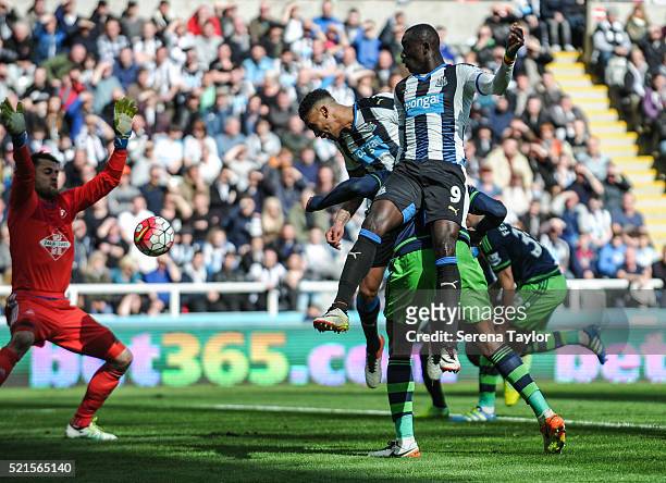 Jamaal Lascelles of Newcastle scores the opening goal during the Barclays Premier League match between Newcastle United and Swansea City at St.James'...