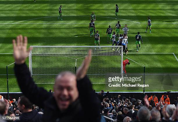 Newcastle players celebrate the goal scored by Jamaal Lascelles during the Barclays Premier League match between Newcastle United and Swansea City at...