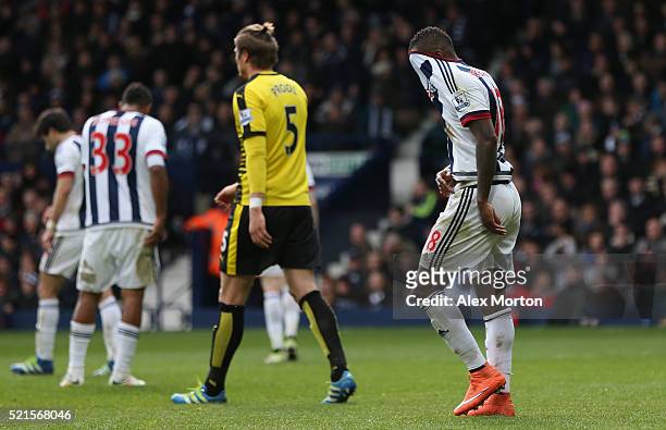 Saido Berahino of West Bromwich Albion reacts after failing to score his penalty saved by Heurelho Gomes of Watford during the Barclays Premier...