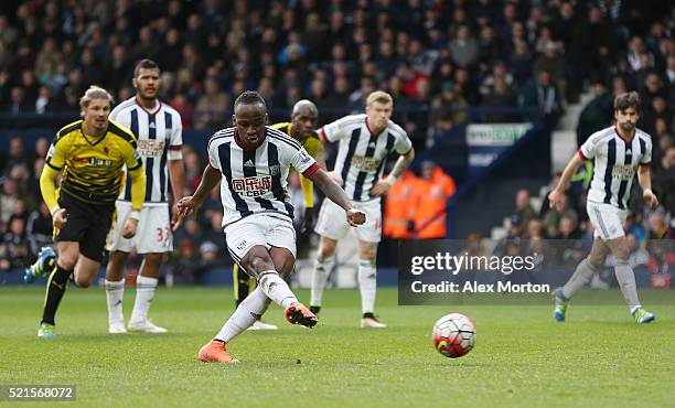 Saido Berahino of West Bromwich Albion fails to score his penalty saved by Heurelho Gomes of Watford during the Barclays Premier League match between...