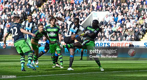Moussa Sissoko of Newcastle United scores his team's second goal during the Barclays Premier League match between Newcastle United and Swansea City...