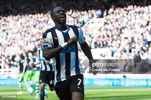 Moussa Sissoko of Newcastle United celebrates scoring his sides second goal during the Barclays Premier League match between Newcastle United and...