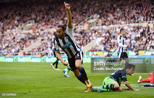 Andros Townsend of Newcastle United celebrates scoring his team's third goal during the Barclays Premier League match between Newcastle United and...