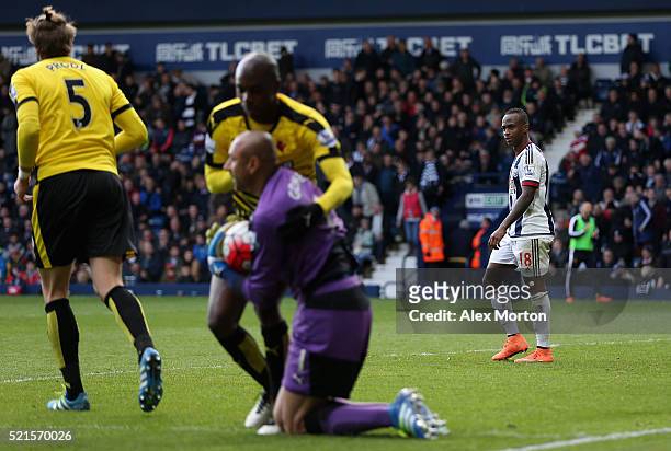 Saido Berahino of West Bromwich Albion reacts after failing to score his second penalty saved by Heurelho Gomes of Watford during the Barclays...