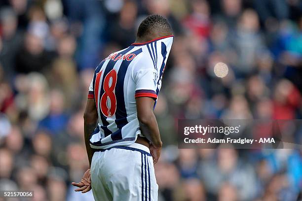 Saido Berahino of West Bromwich Albion reacts after missing his first penalty during the Barclays Premier League match between West Bromwich Albion...