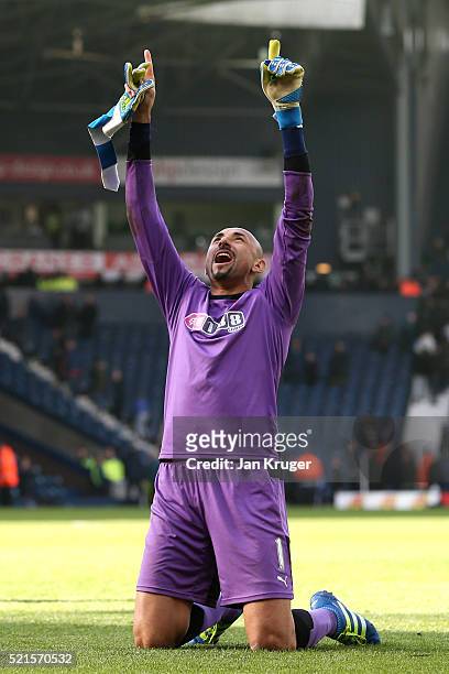 Heurelho Gomes of Watford celebrates victory after the Barclays Premier League match between West Bromwich Albion and Watford at The Hawthorns on...