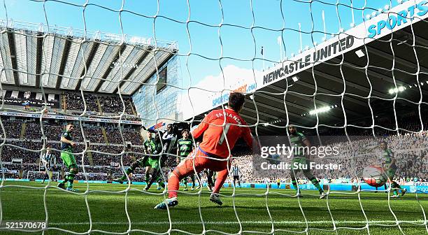 Newcastle player Moussa Sissoko shoots to score the second Newcastle goal during the Barclays Premier League match between Newcastle United and...