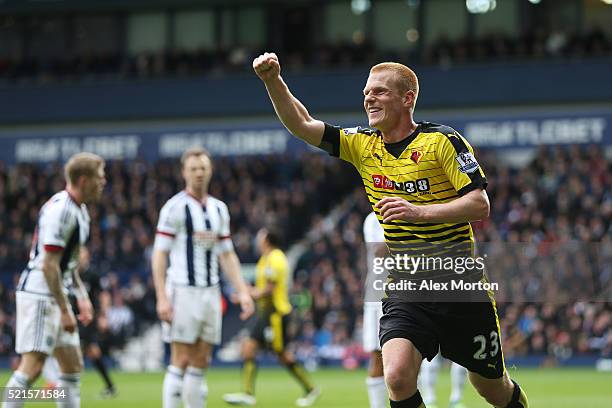 Ben Watson of Watford celebrates scoring his sides winning goal during the Barclays Premier League match between West Bromwich Albion and Watford at...