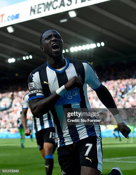 Newcastle player Moussa Sissoko celebrates after scoring the second Newcastle goal during the Barclays Premier League match between Newcastle United...