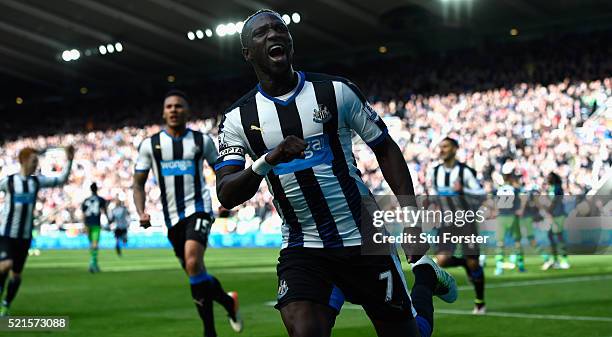 Newcastle player Moussa Sissoko celebrates after scoring the second Newcastle goal during the Barclays Premier League match between Newcastle United...