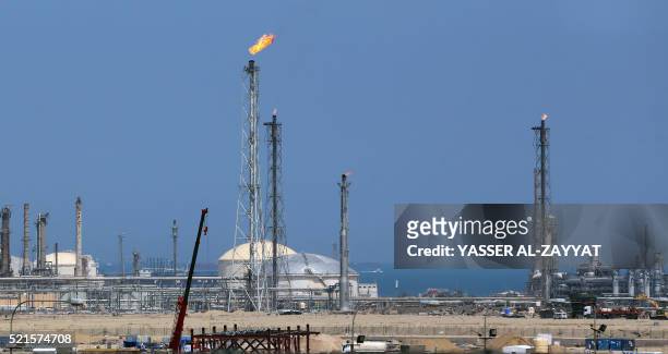 General view taken on April 16, 2016 shows the Shuaiba oil refinery south of Kuwait City. Kuwaiti oil workers plan to go on strike on April 17, 2016...