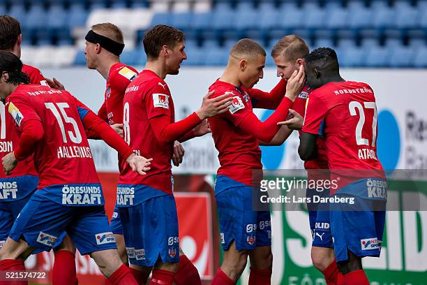 Darijan Bojanic of Helsingborgs IF celebrates his 3-1 goal during the Allsvenskan match between Helsingborgs IF v Falkenbergs FF at Olympia on April...