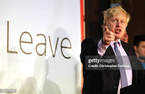 London Mayor Boris Johnson addresses supporters during a rally for the 'Vote Leave' campaign on April 15, 2016 in Manchester, England. Boris Johnson...